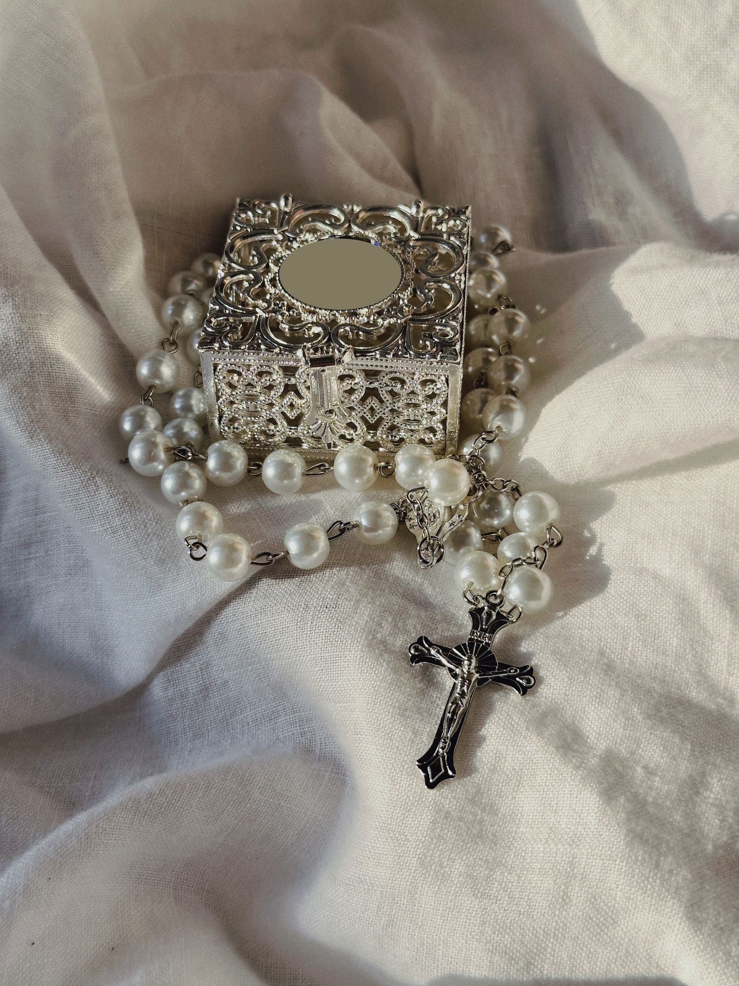 Elegant Pearl Rosary and Metal Box Bundle - Perfect Religious Gift